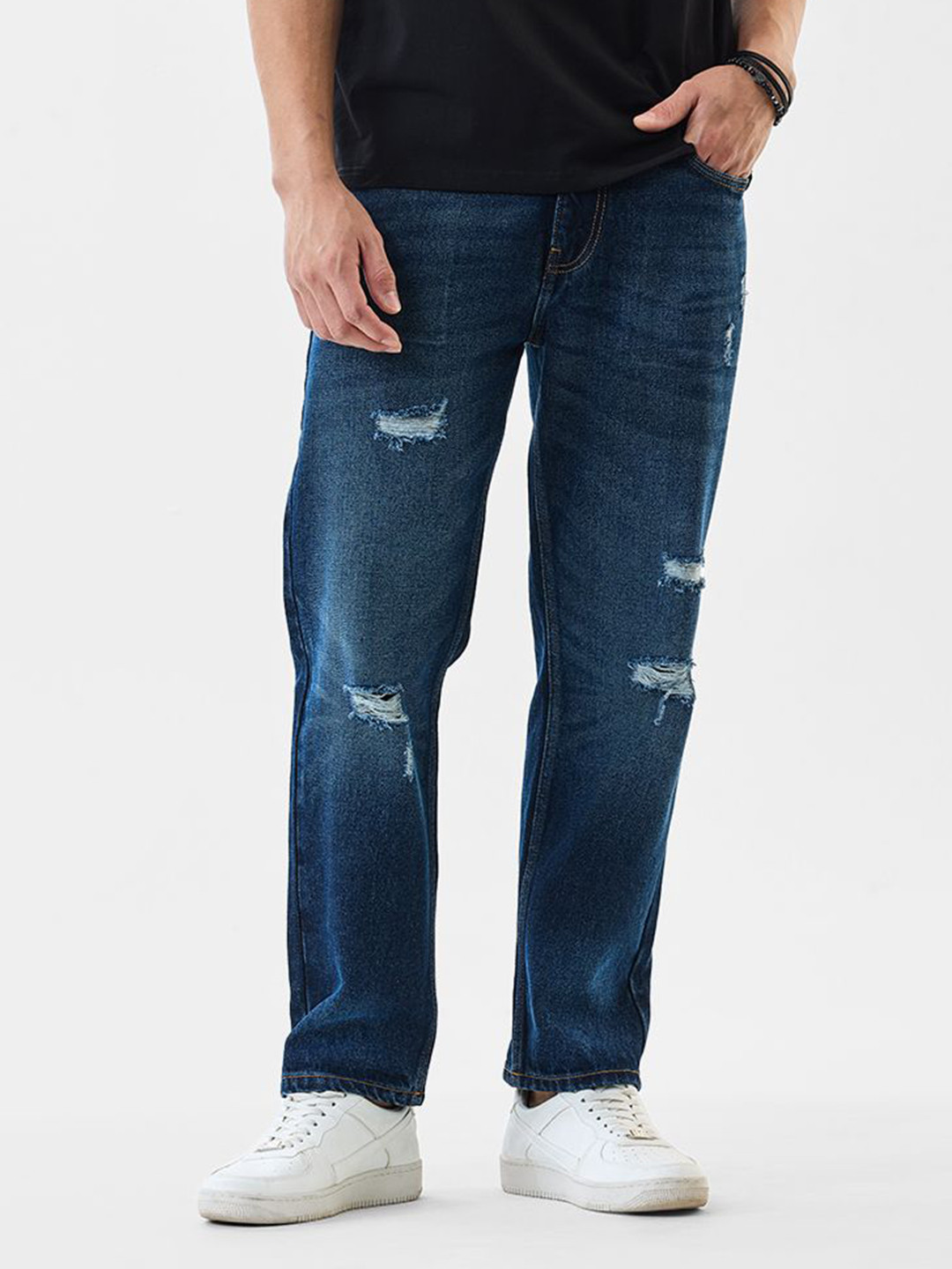 Snitch Men Relaxed Fit Mid-Rise Highly Distressed Light Fade Cuffed Hem Jeans