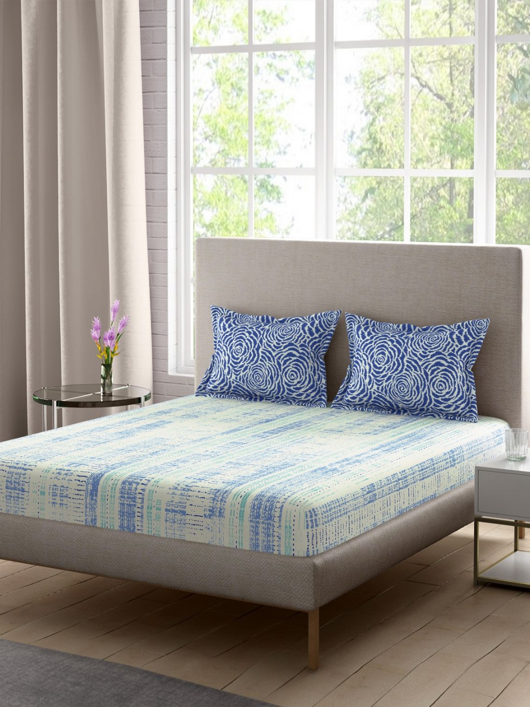 Portico Celestia Green & Blue Printed Cotton 140 TC Queen Bedsheet Set 2.24 m x 2.54 m