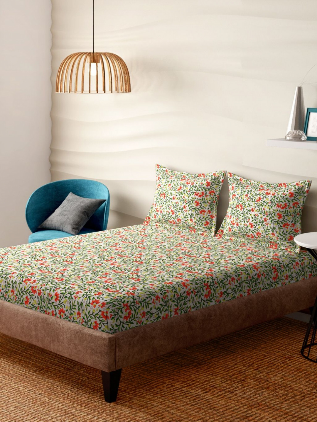 Portico Jade Glint White & Green Floral Printed Cotton 300 TC Bedsheet Set 2.74m x 2.74m