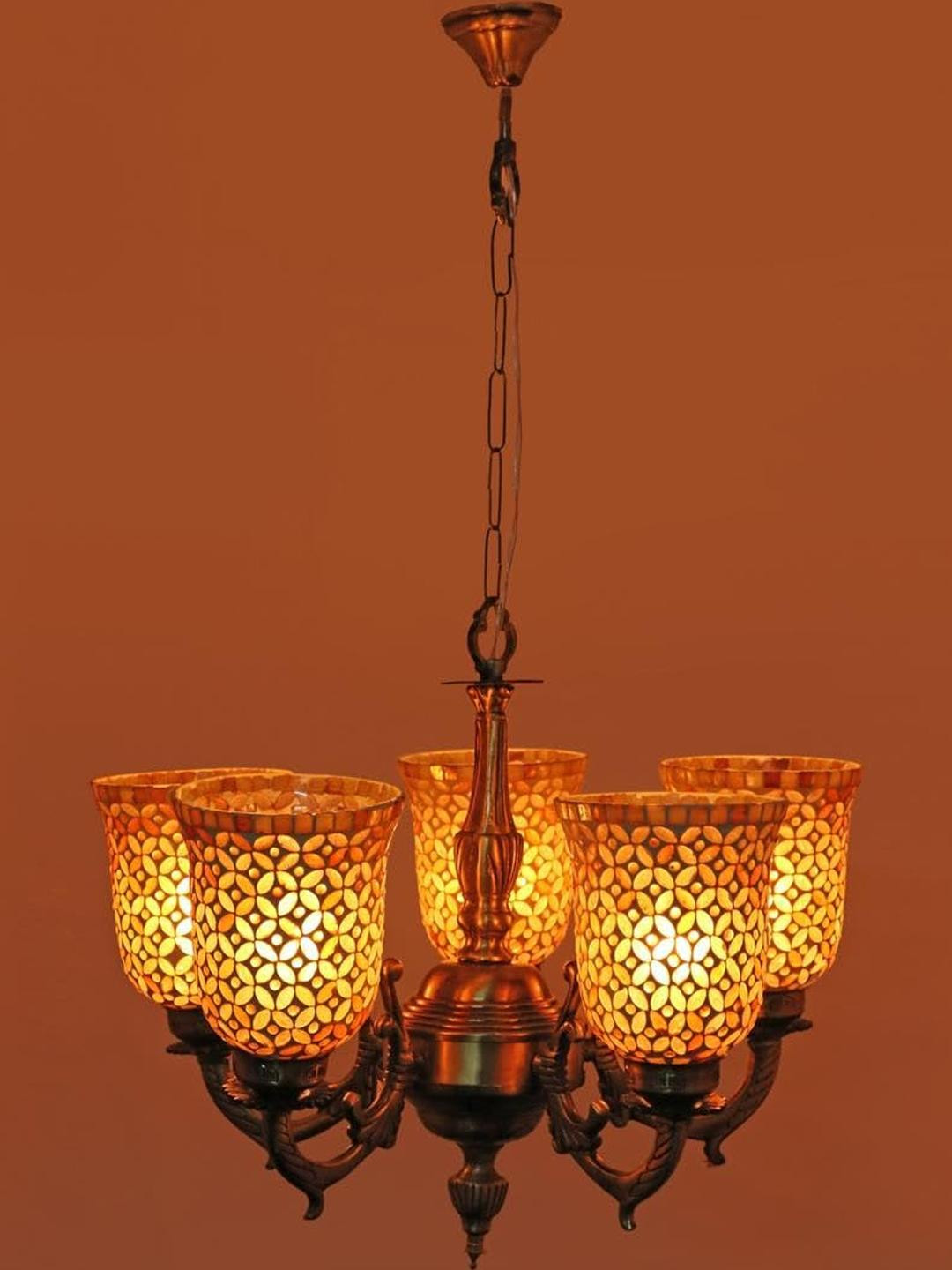 Somil Antique 5-Light Chandelier with Mosaic Glass Shades, Golden and White Lighting Effect, Metal Fitting. LED Compatible. Dia: 48 X 48 X 100 Cm.