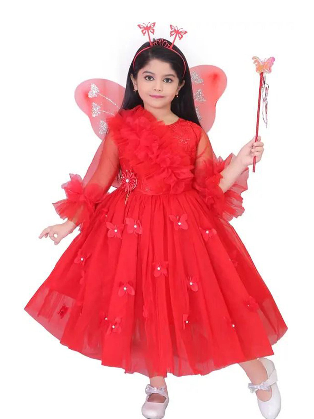 R K S FASHION Girls Round Neck Applique Flared Sleeve Net Fit & Flare Dress