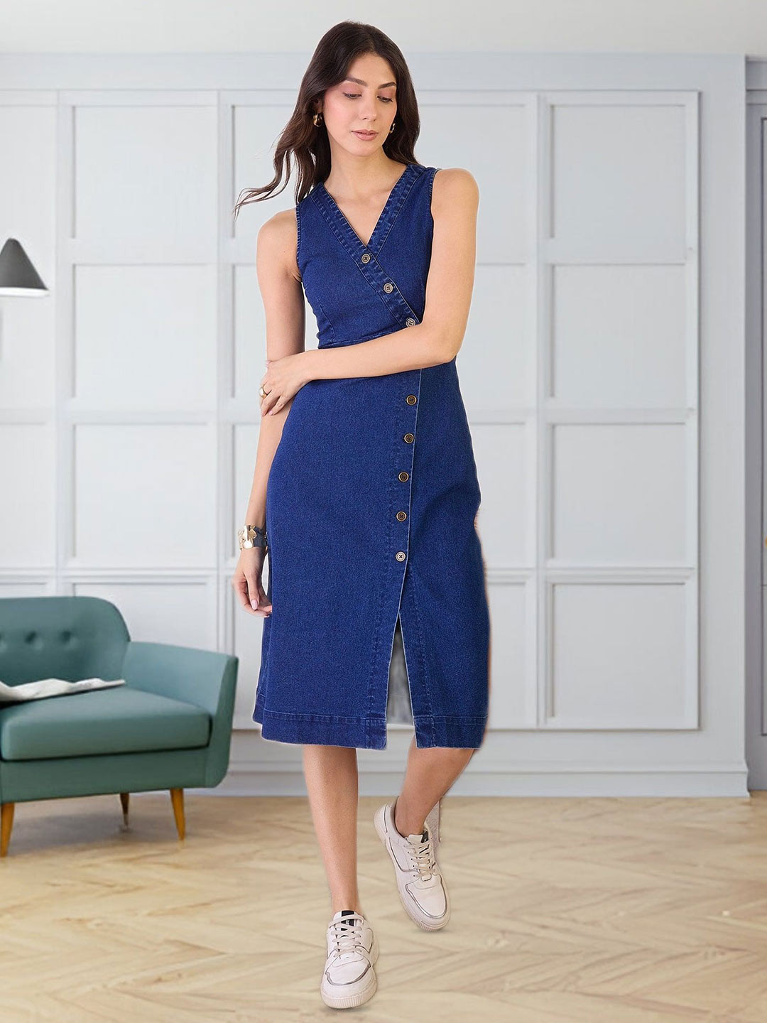 all about you Womn Denim Wrap Midi Dress