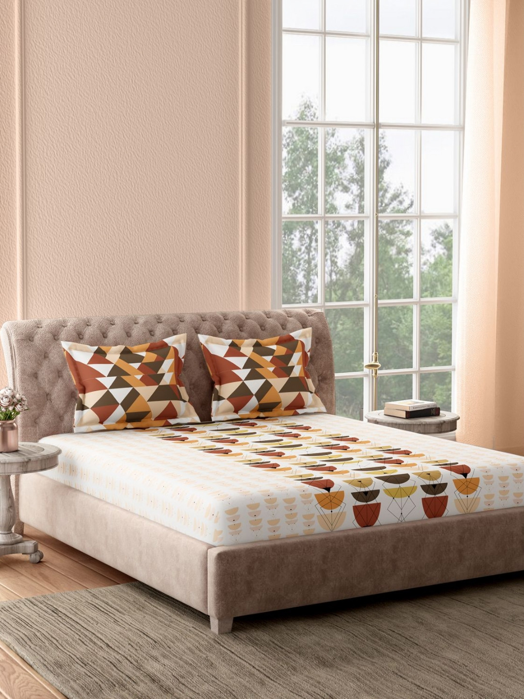 Portico Calmora White Abstract Cotton 144 TC Double Queen Bedsheet Set-2.24 m x 2.54 m