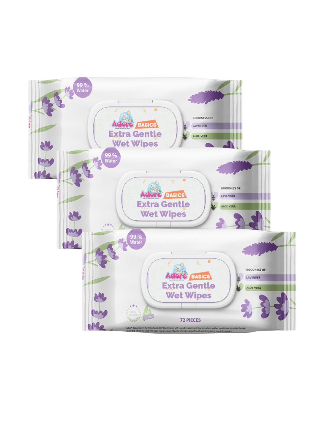 Adore Set Of 3 99% Pure Water Lavender Baby Wet Wipes - 72 Pcs Each