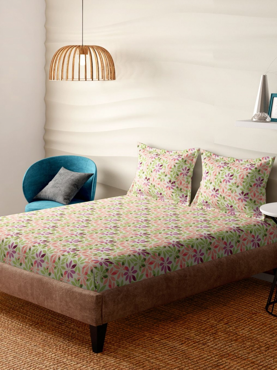 Portico Jade Glint Purple & Pink Floral Cotton 300 TC Super King Bedsheet Set-2.74mX2.74m