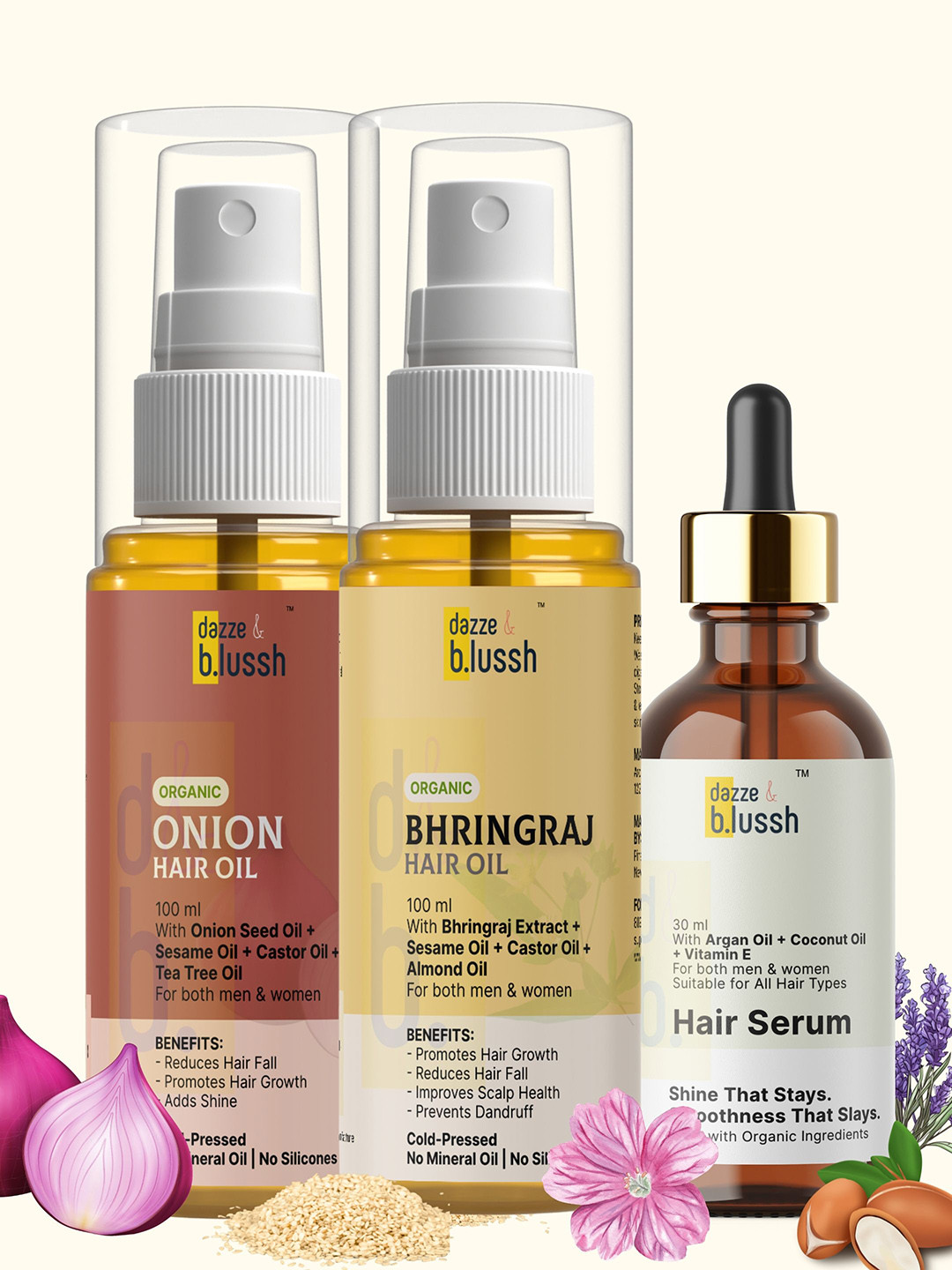 Dazze and blussh 3 Pc Onion Hair Oil + Bhringraj Hair Oil (100ml each) + Serum 30ml