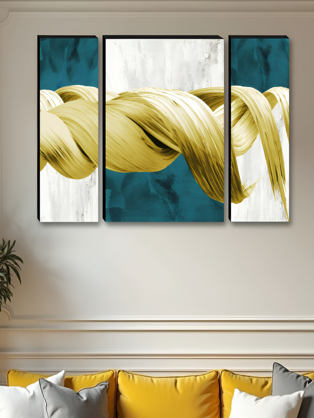 Livin'luxe Set of 3 Golden Abstract Brush Stroke Wall Painting