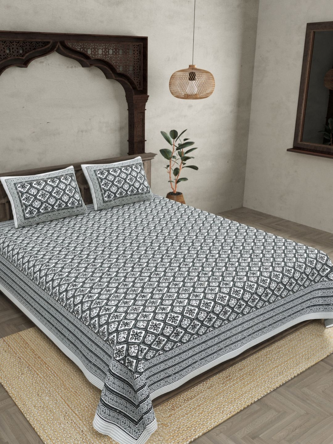 BED-SHEET.COM Grey & White Floral Cotton 180 TC Double King Bedsheet Set-2.74mx2.28m