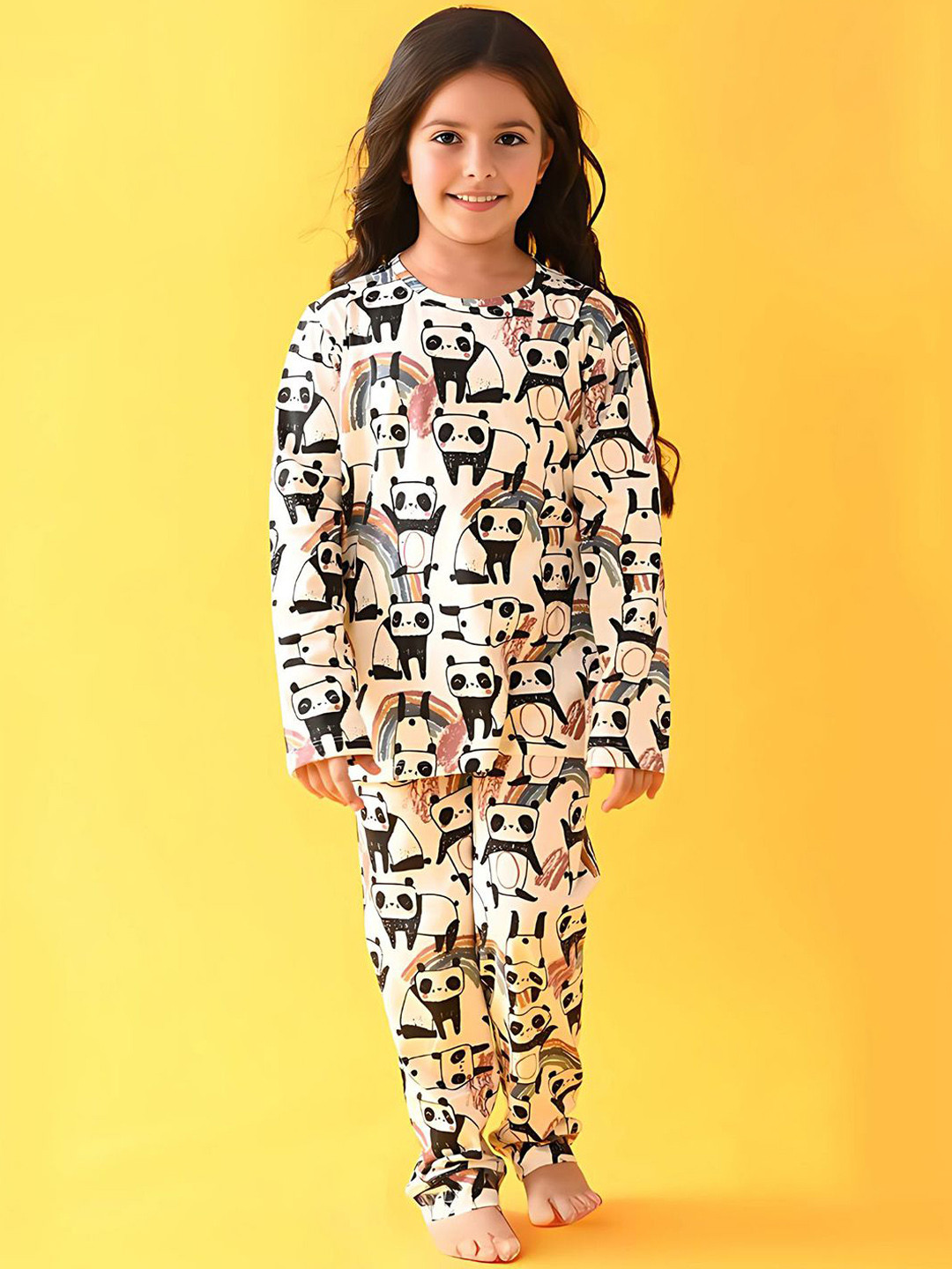 YK Girls Panda Printed Pure Cotton T-shirt & Pyjama Night suit