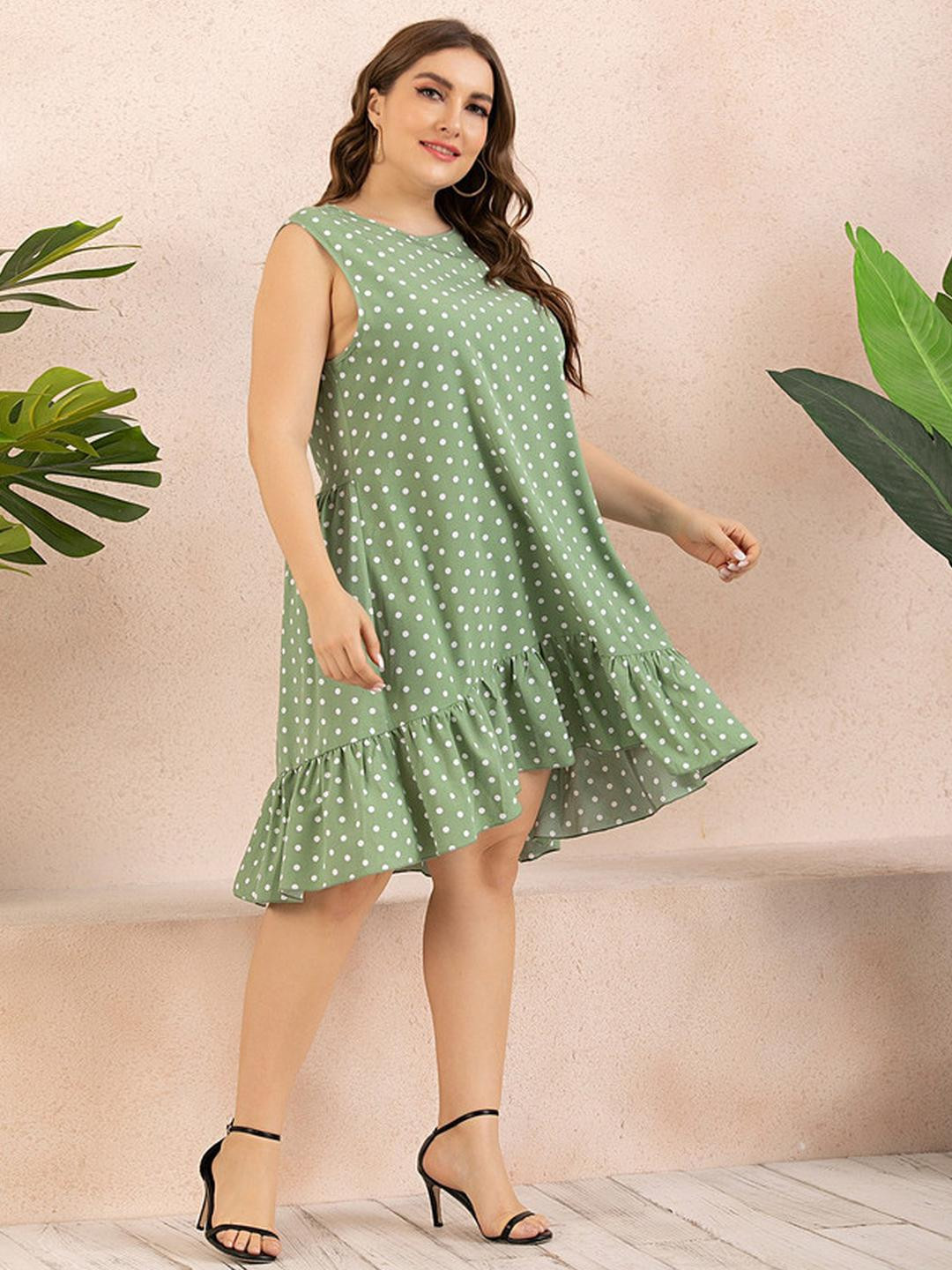 TAGVE Green Polka Dot Print Ruffled A-Line Dress