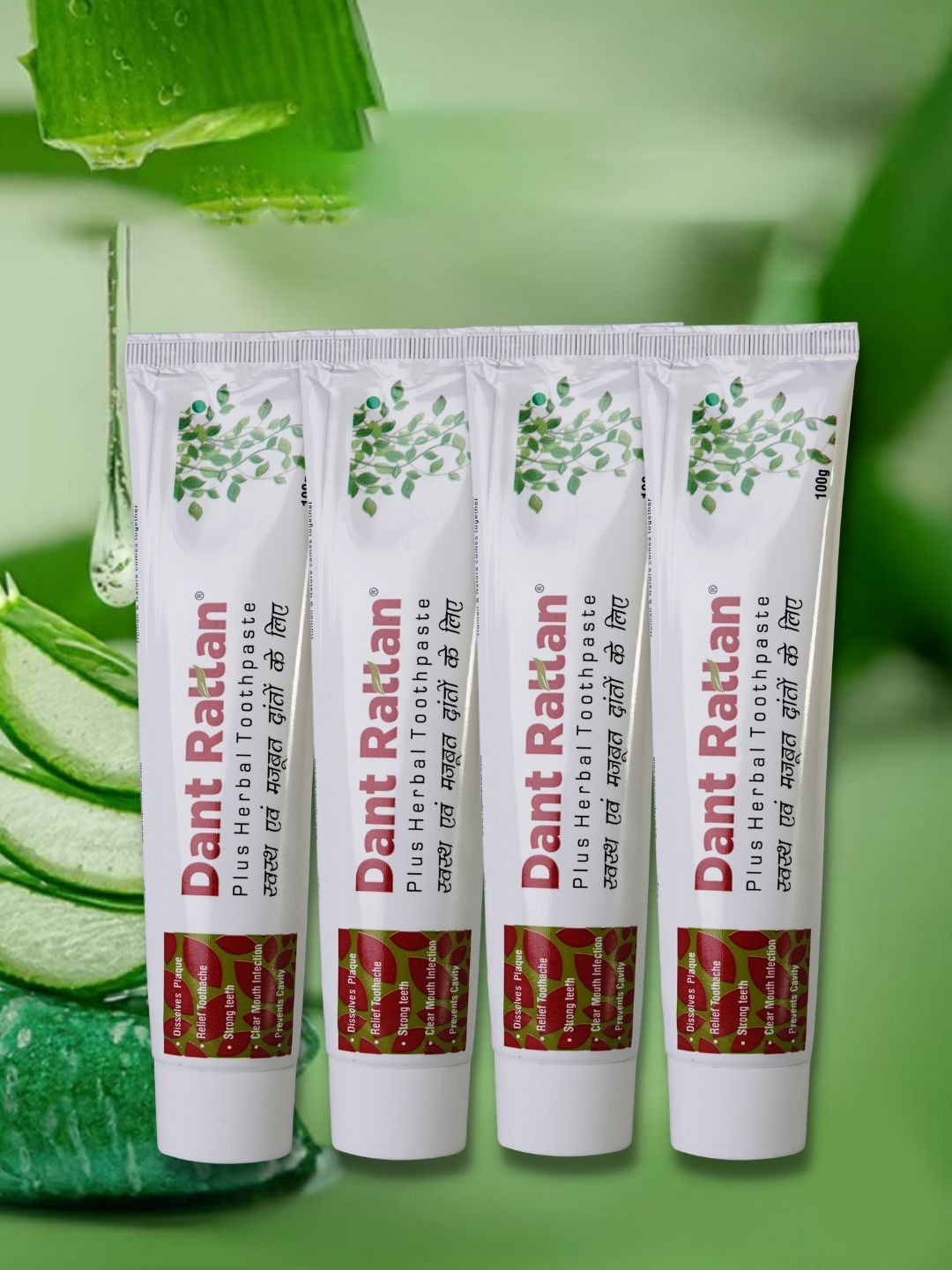 DANT RATTAN Set Of 4 Plus Herbal Toothpaste With Aloe Vera & Neem - 100 g Each