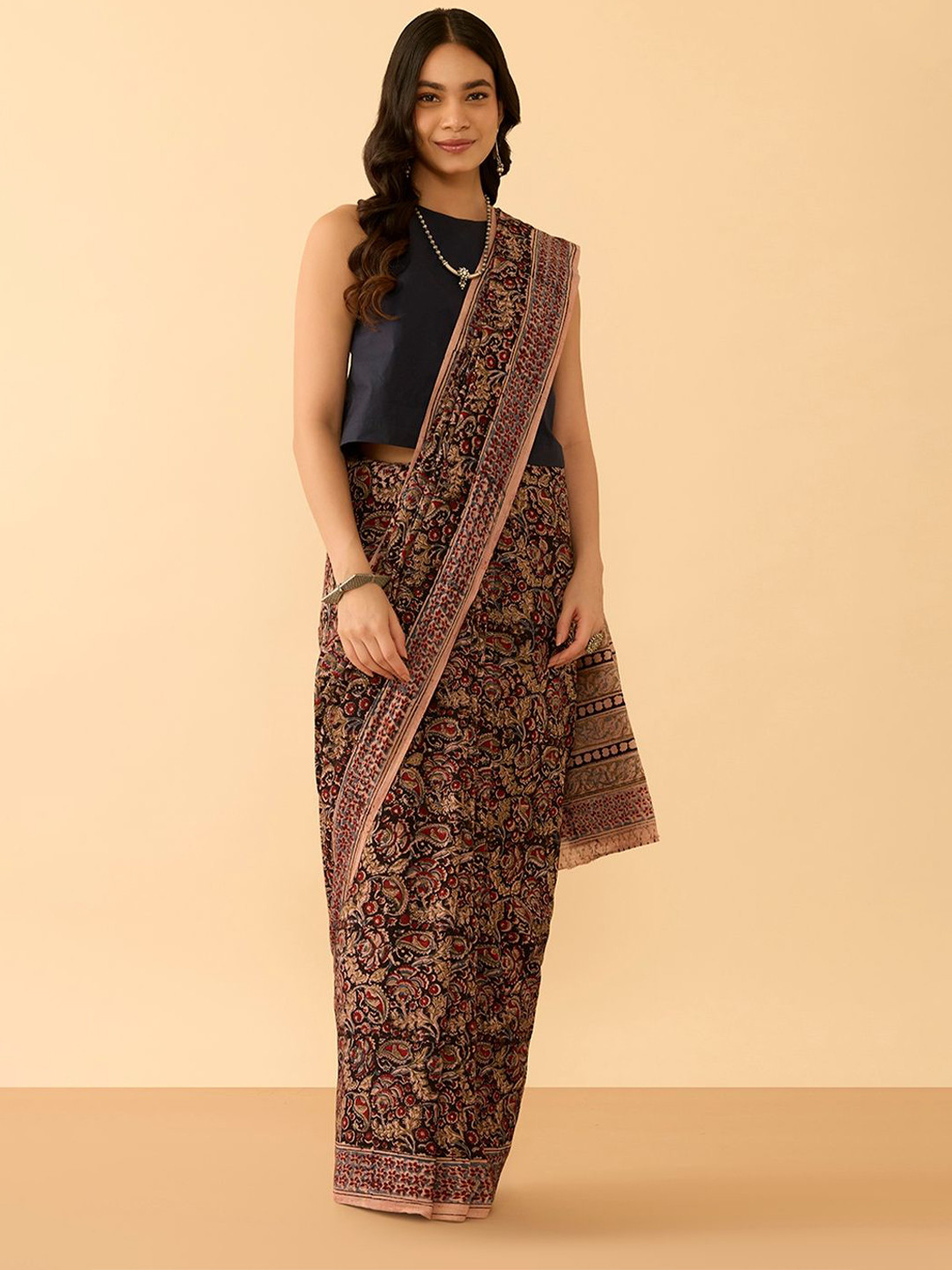 Taneira Kalamkari Jaali Block Print Saree