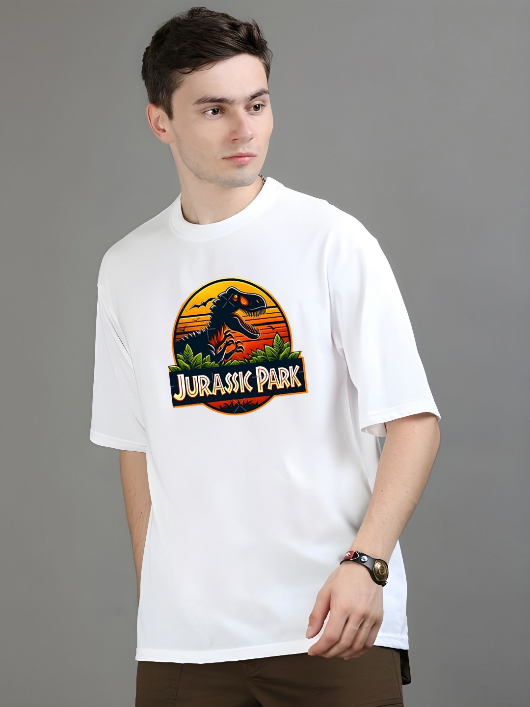 Streetsutra Men Jurassic park Graphic Printed Round Neck Cotton Oversized T-shirt