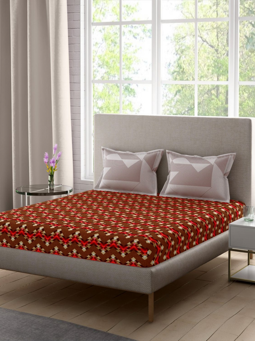 Portico Celestia Brown & Pink Abstract Cotton 144 TC Double Queen Bedsheet Set-2.24mX2.54m