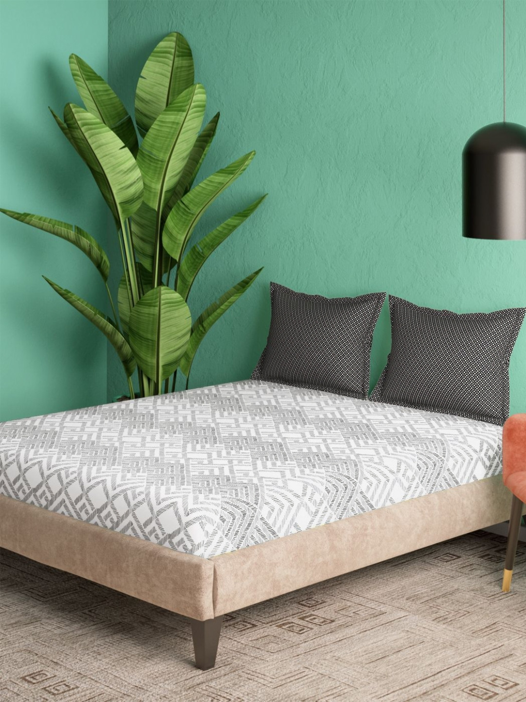 Portico Black & White 144 TC Bedsheet with 2 Pillow Covers