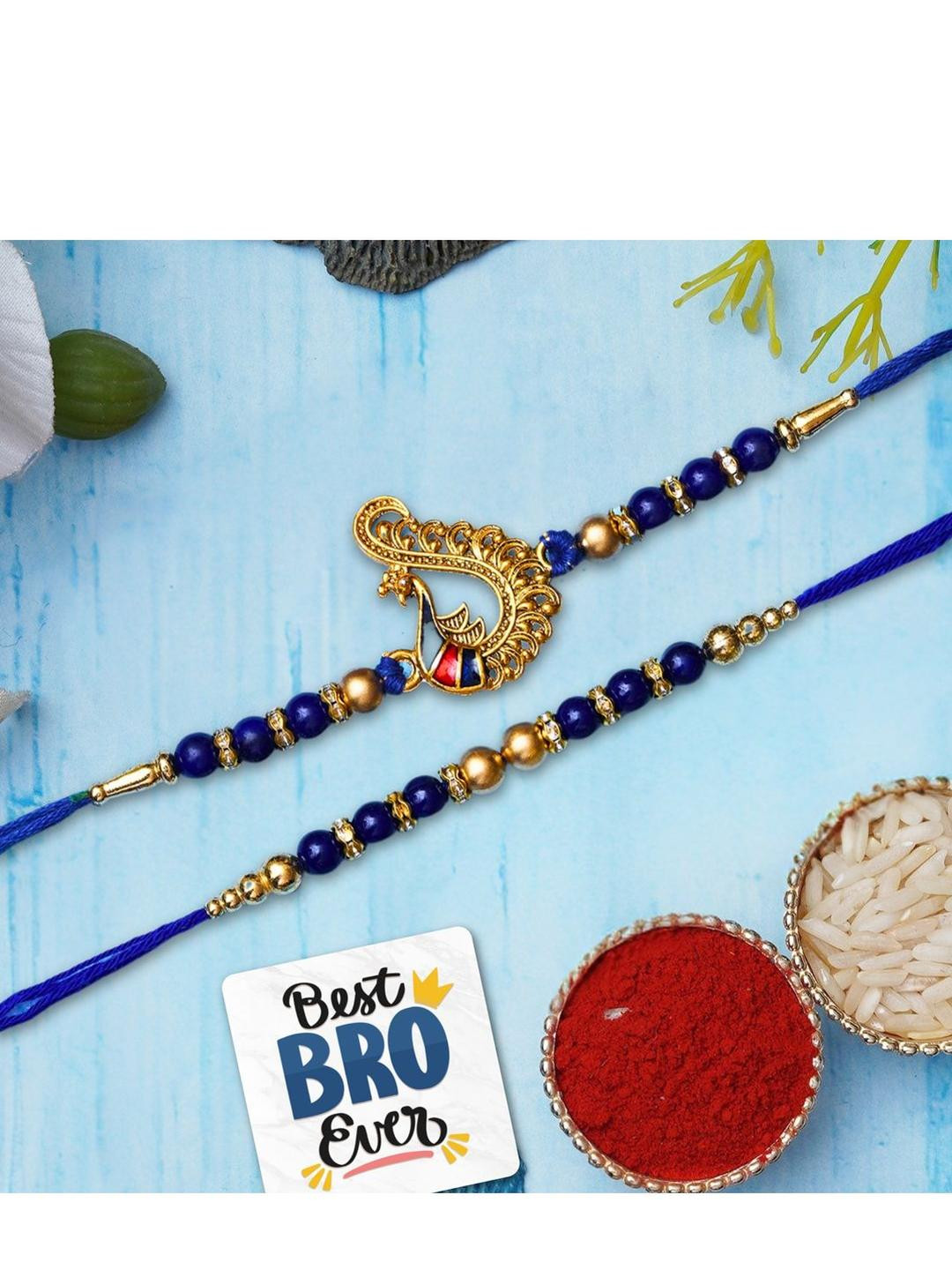 eCraftIndia Set Of 2 Stone-Beaded Rakhi With Roli Rice & Best Bro Ever Fridge Magnet