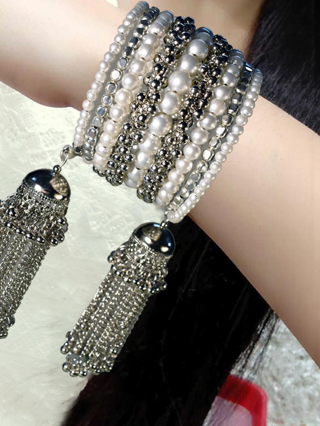 Grace Collections Women Silver-Plated Wraparound Jhumka Bracelet