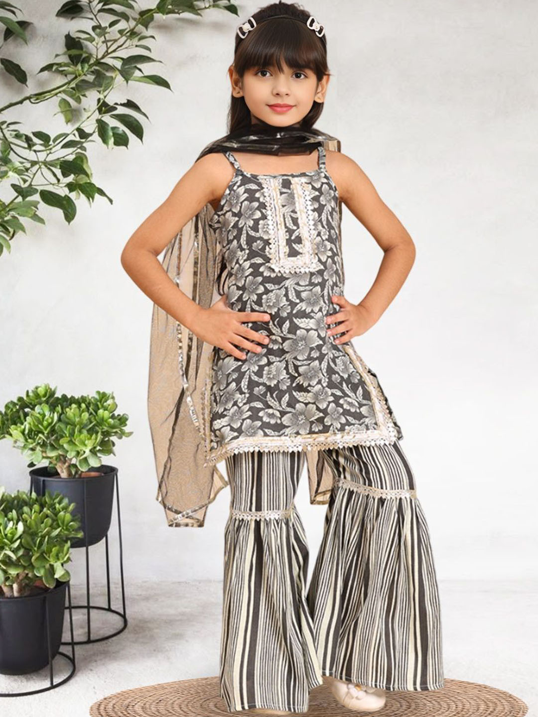 Cutiekins Girls Floral Printed Regular Kurta with Sharara & Dupatta