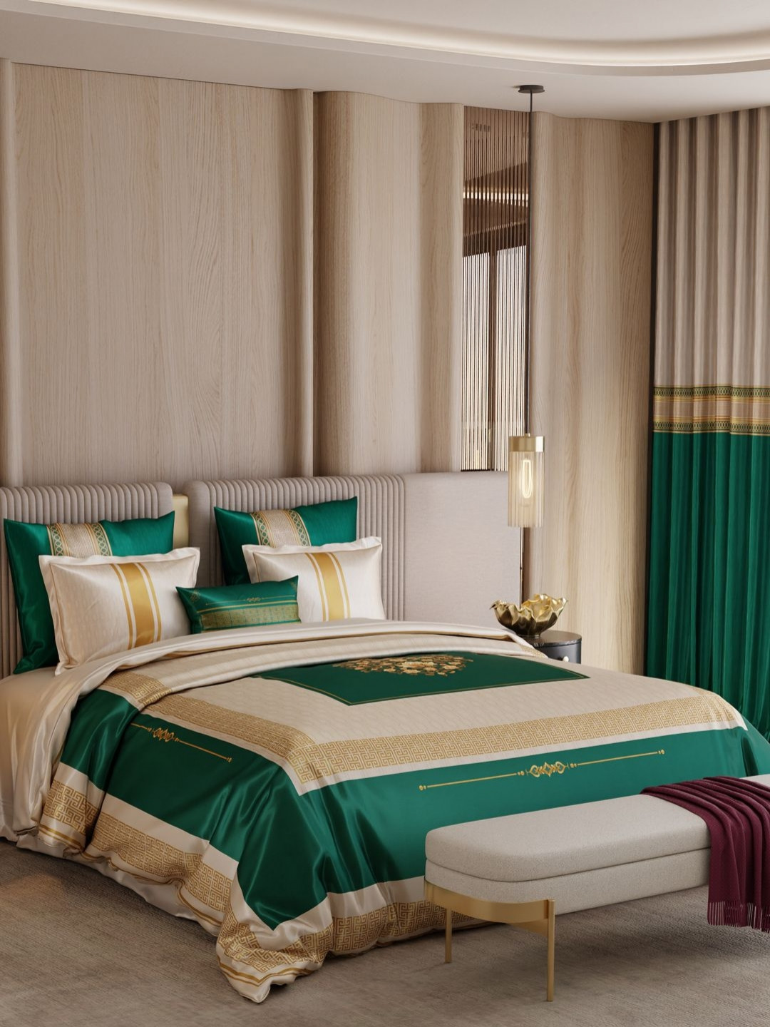 Stoa Paris Green 9 Pieces Geometric Satin Double Extra Large Superfine Bedding Set