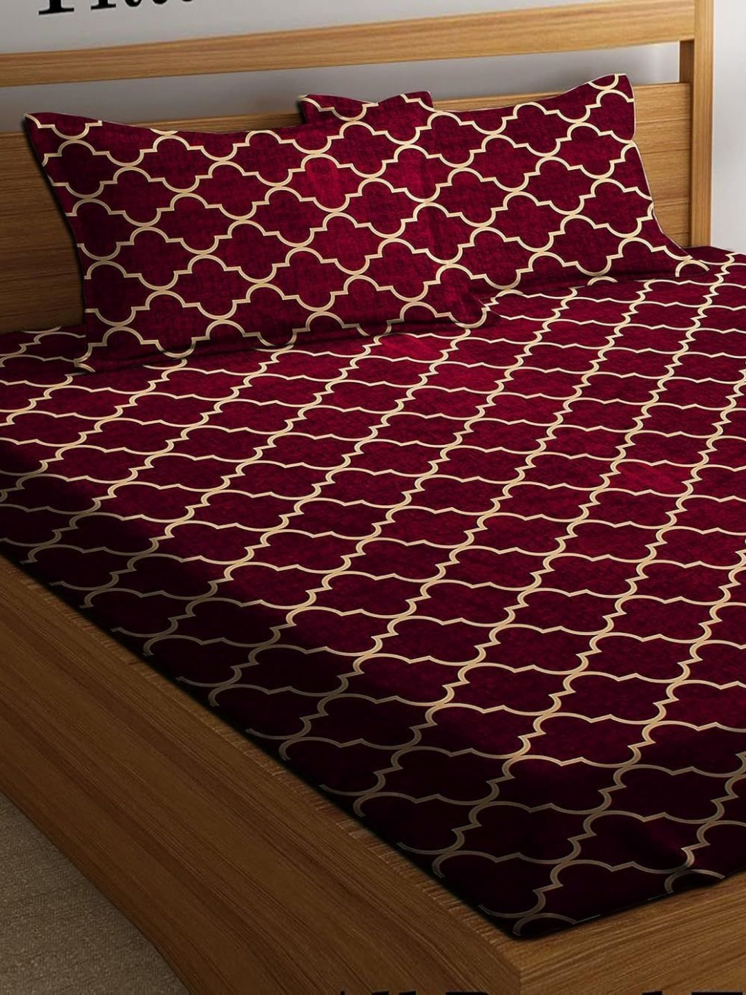 VOMZER Maroon & Beige Geometric 300 TC Queen Bedsheet Set - 1.98 m x 1.52 m