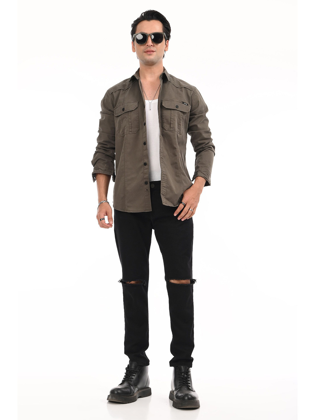 Estilocus Denim Cargo Relaxed Fit Wrinkle Free Pure Cotton Casual Shirt