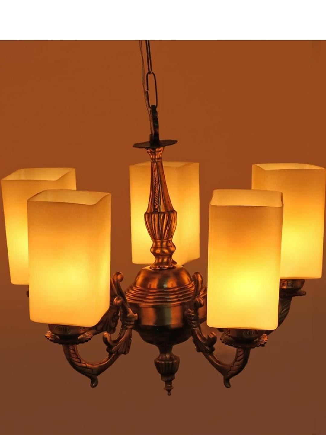 Somil Antique 5-Light Chandelier with Glass Shades, White Lighting Effect, Metal Fitting. LED Compatible, 37 X 35.5 X 26 Cm