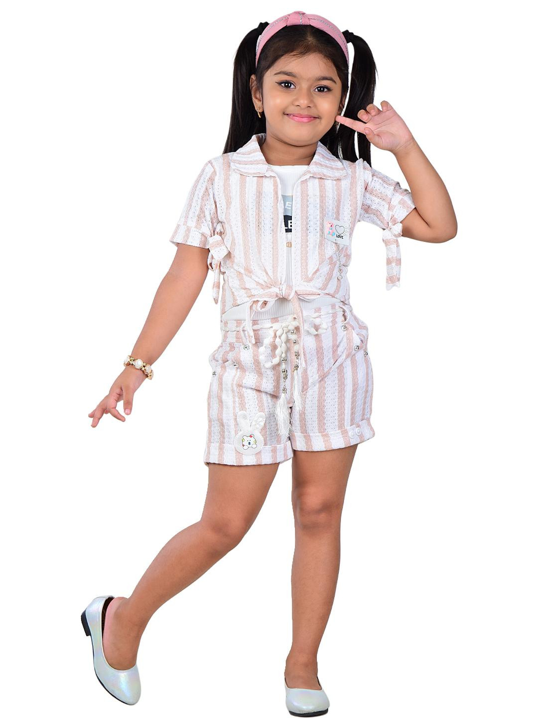 WORTON FASHION Girls Striped T-shirt & Shirt with Shorts