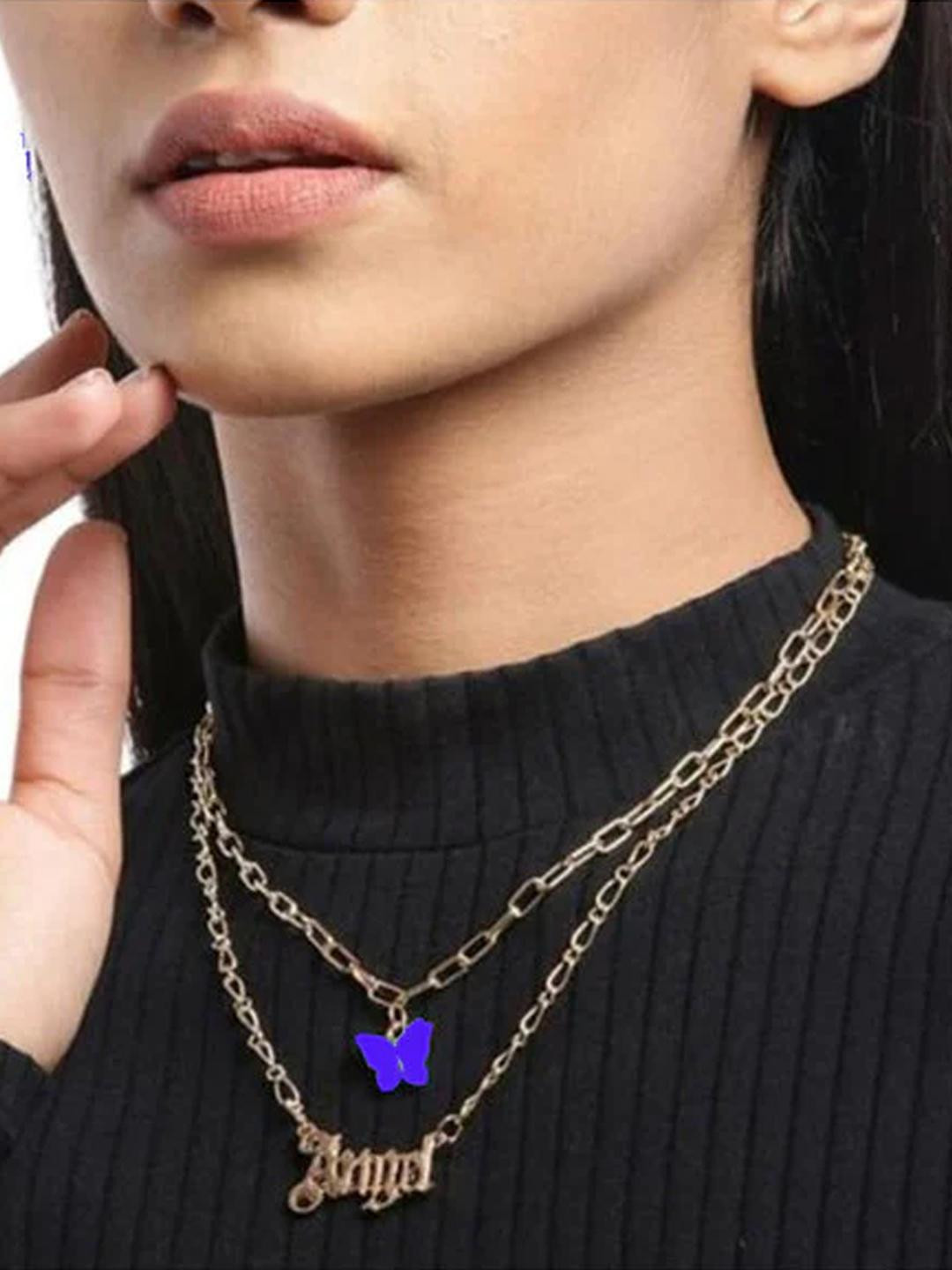 DressBerry Women Gold-Plated Double Layered Royal Blue Butterfly Angel Necklace