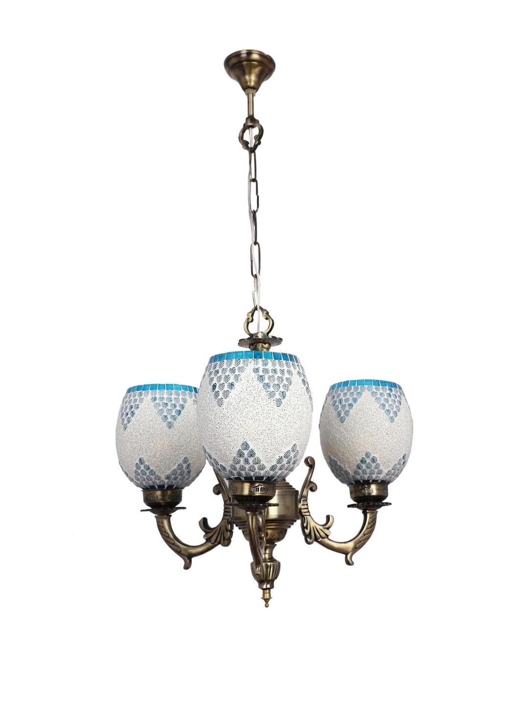 Somil Antique 3-Light Chandelier with Mosaic Glass Shades, Firozi and White Lighting Effect, Metal Fitting. LED Compatible. Dia: 48 X 48 X 100 Cm.