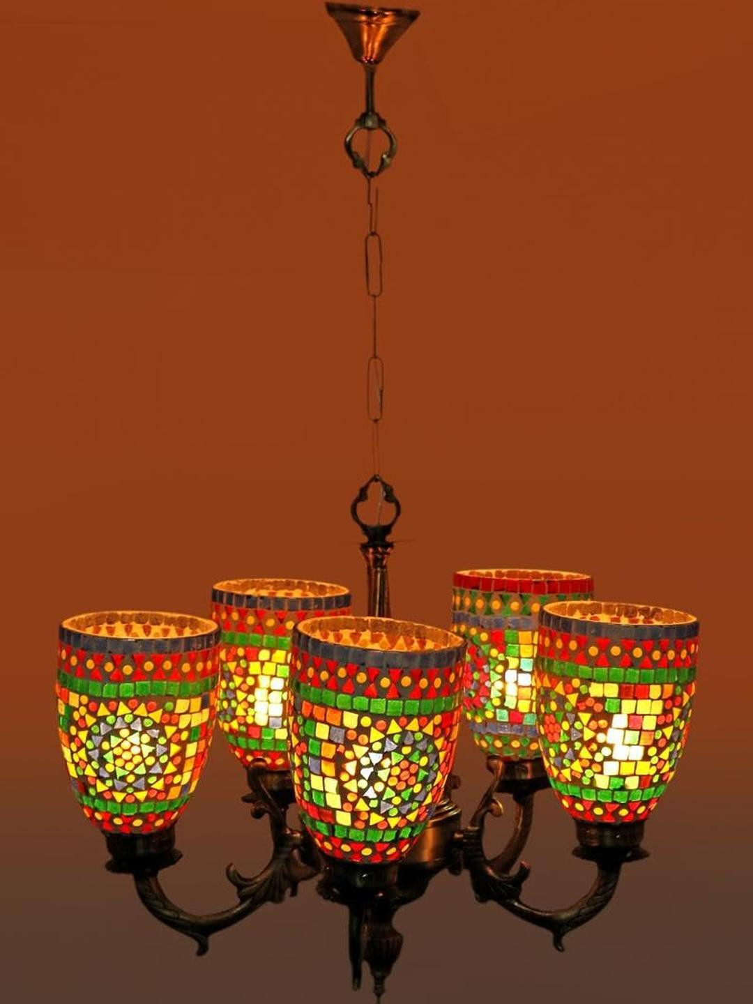 Somil Antique 5-Light Chandelier with Mosaic Glass Shades, Multicolour Lighting Effect, Metal Fitting. LED Compatible. Dia: 48 X 48 X 100 Cm.