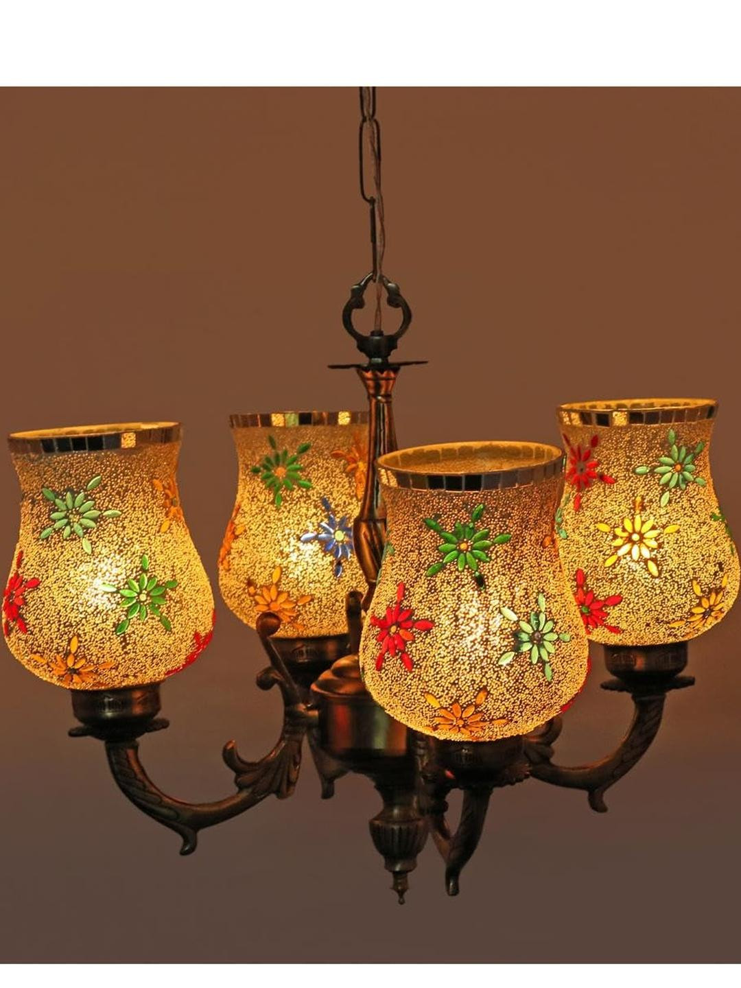 Somil Antique 4-Light Chandelier with Mosaic Glass Shades, Multicolour Lighting Effect, Metal Fitting. LED Compatible. Dia: 48 X 48 X 100 Cm.