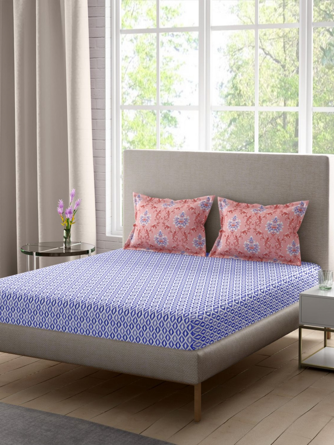 Portico Dusklight Blue & Peach Printed Cotton144 TC Bedsheet Set 2.74m x 2.74m