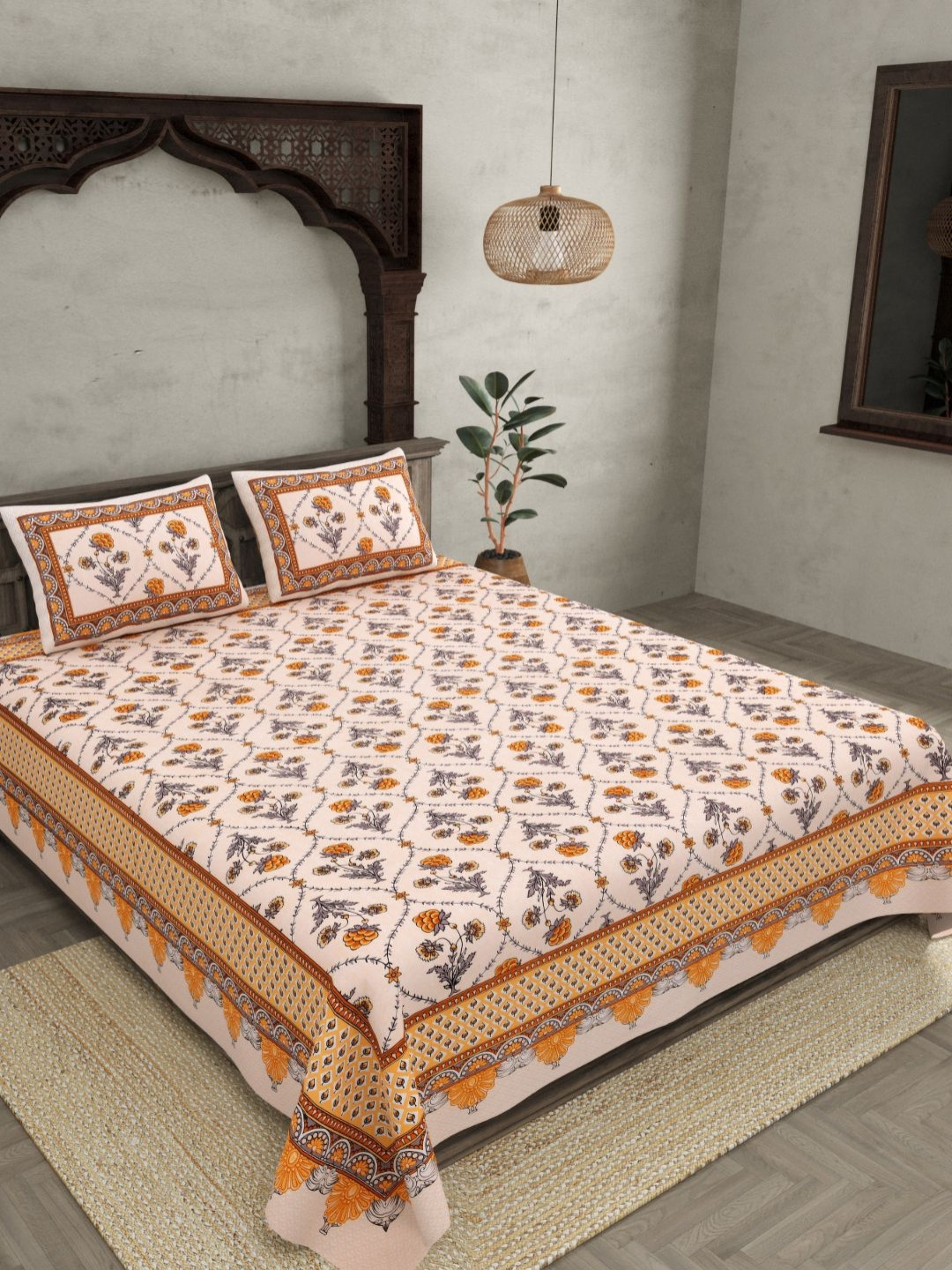 BED-SHEET.COM Peach-Coloured & Off White Floral 180 TC Jaipur Fabric King Bedsheet Set