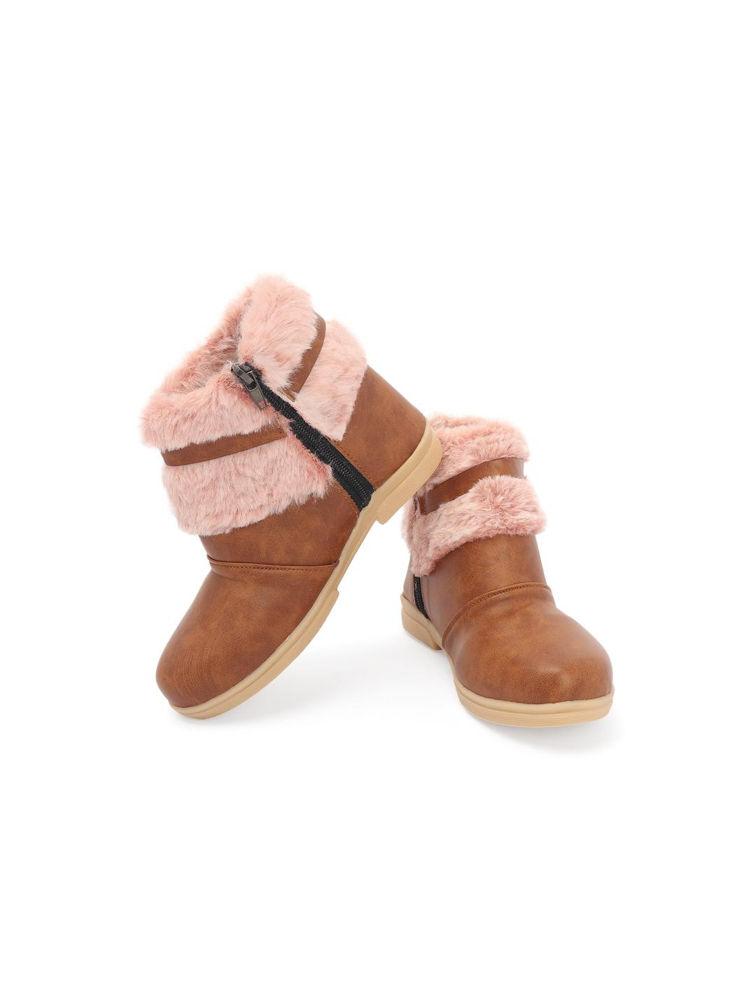 Chic Girls Dressy Boots  Beige with Faux Fur & Crystal Buckle