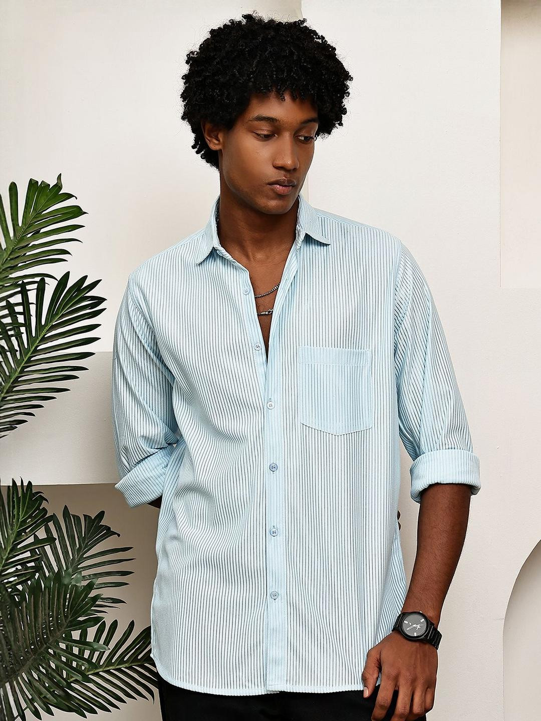 Blezza Men Striped Blue Casual Shirt with full sleeeves