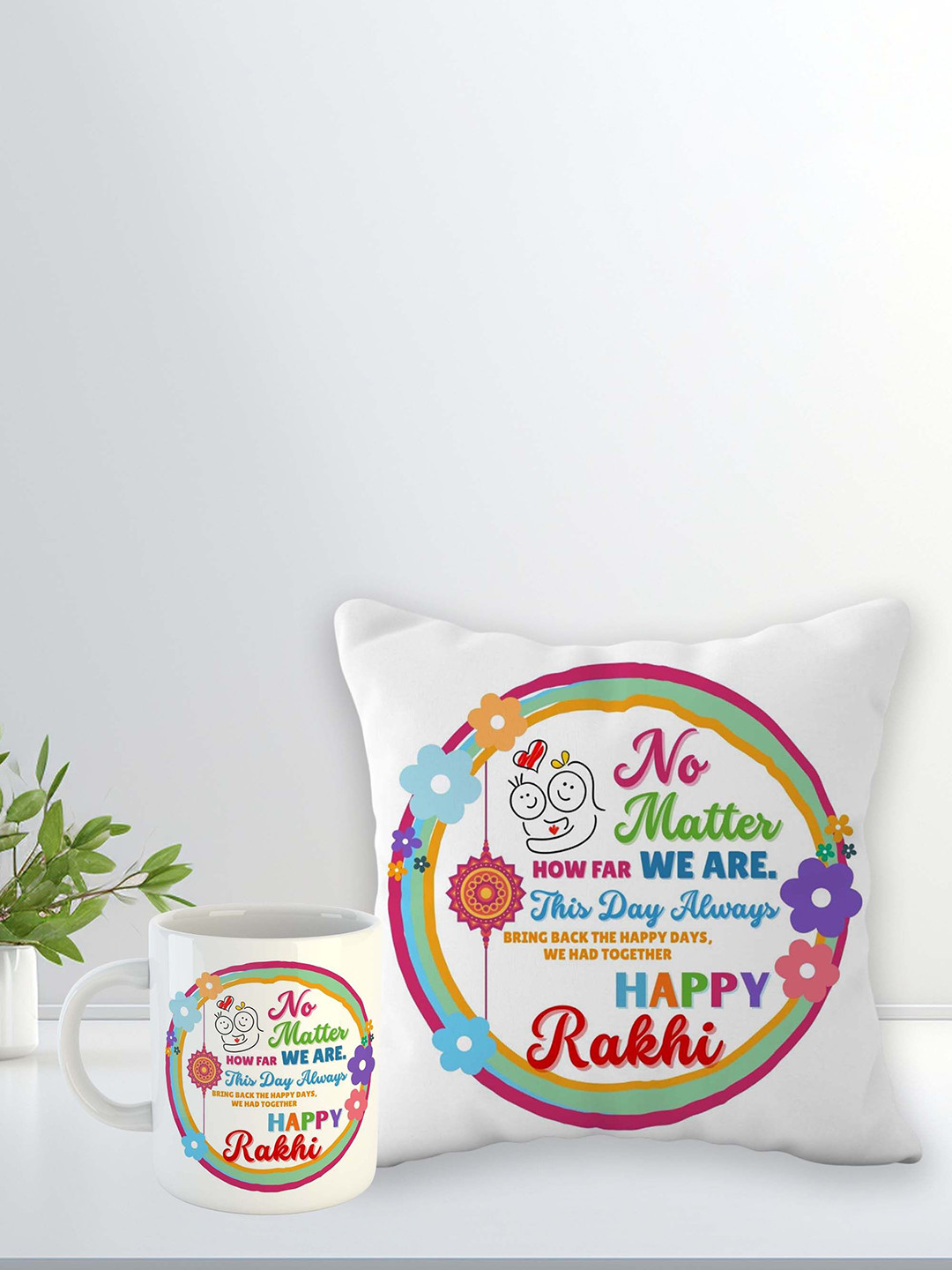 ARTBUG Stones-Studded & Beaded Rakhi With Roli Rice & Mug Cushion