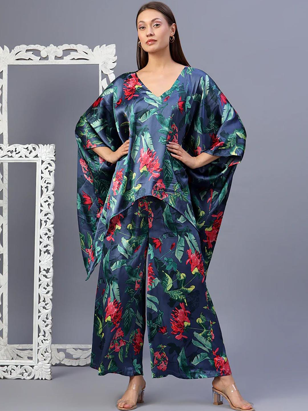 House of Kaftan Tropical Printed V-Neck Top With Palazzos Co-Ords