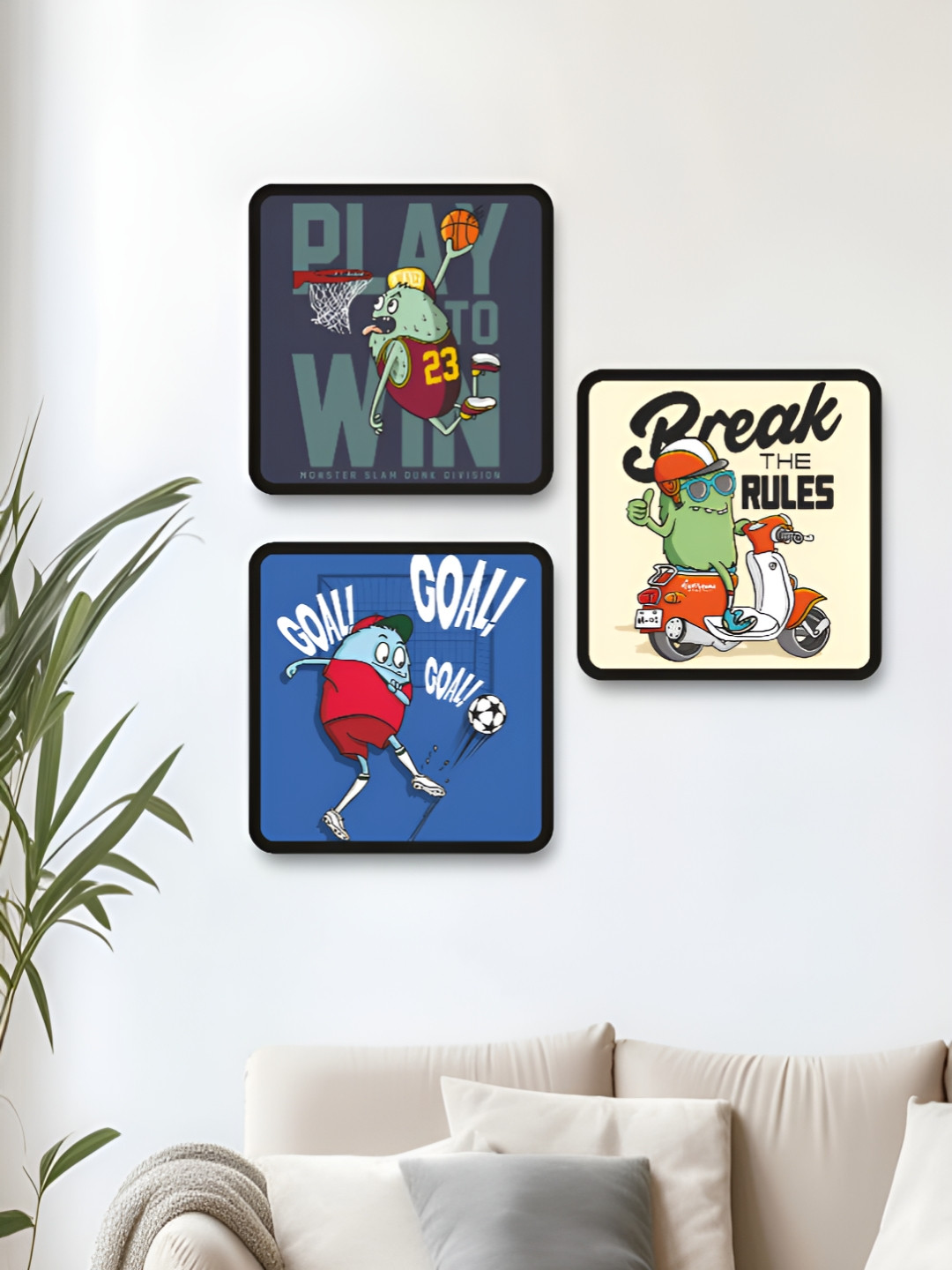 Livin'luxe Blue & Beige Set of 3 Piece Wood Cartoon Characters Wall Paintings