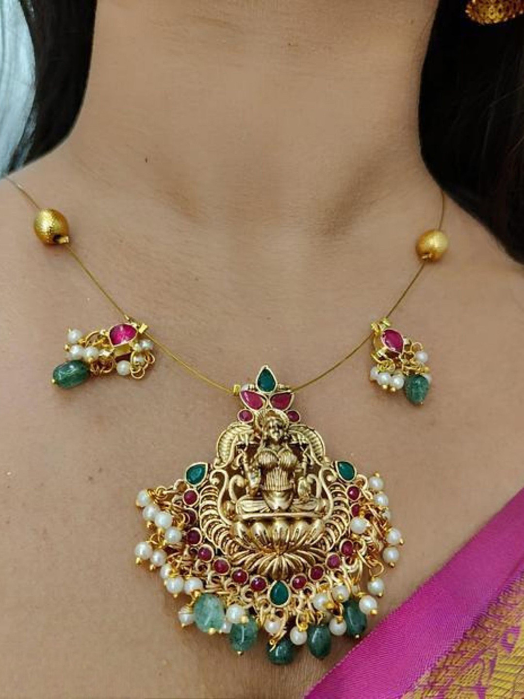Rangrozo Jewellery Gold-Plated Artificial Stone Studded & Beaded Statement Temple Necklace