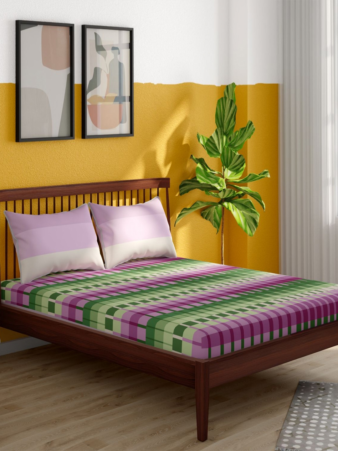 Portico Pixelpop Green Abstract Cotton 152 TC Double King Bedsheet Set-2.24 m x 2.74 m