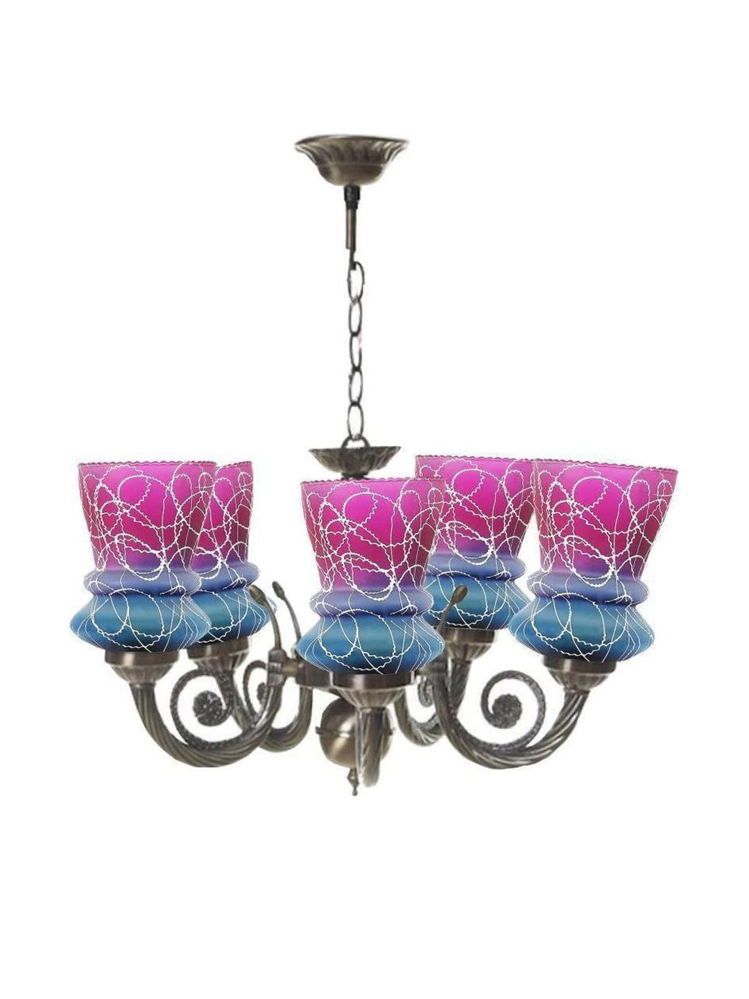 Somil Antique 5-Light Chandelier with Glass Shades, Pink, Firozi and White Lighting Effect, Metal Fitting. LED Compatible. Dia: 42 X 42 X 100 Cm.