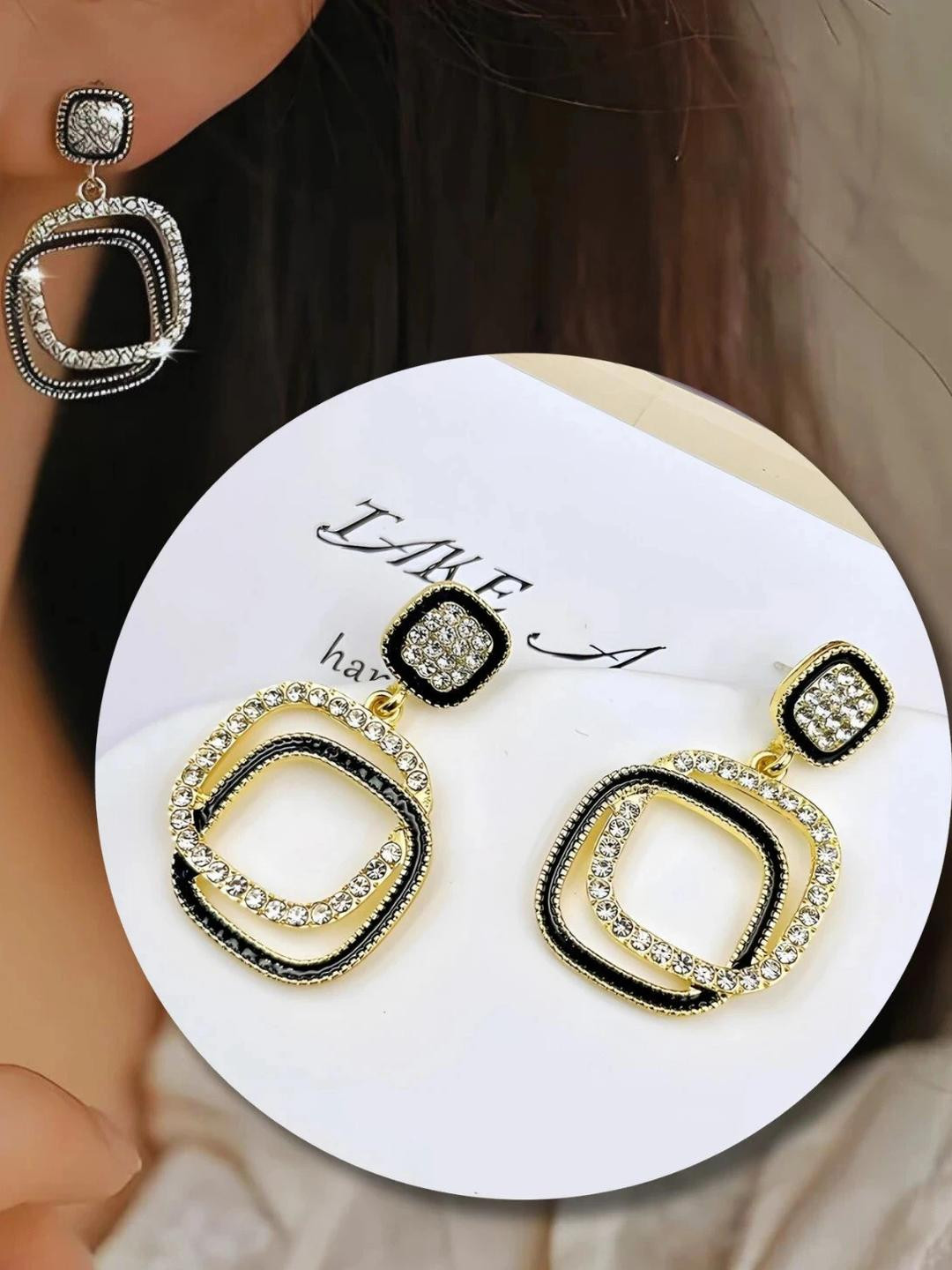 Square Layered Black Drop Earrings Alloy Drops & Danglers