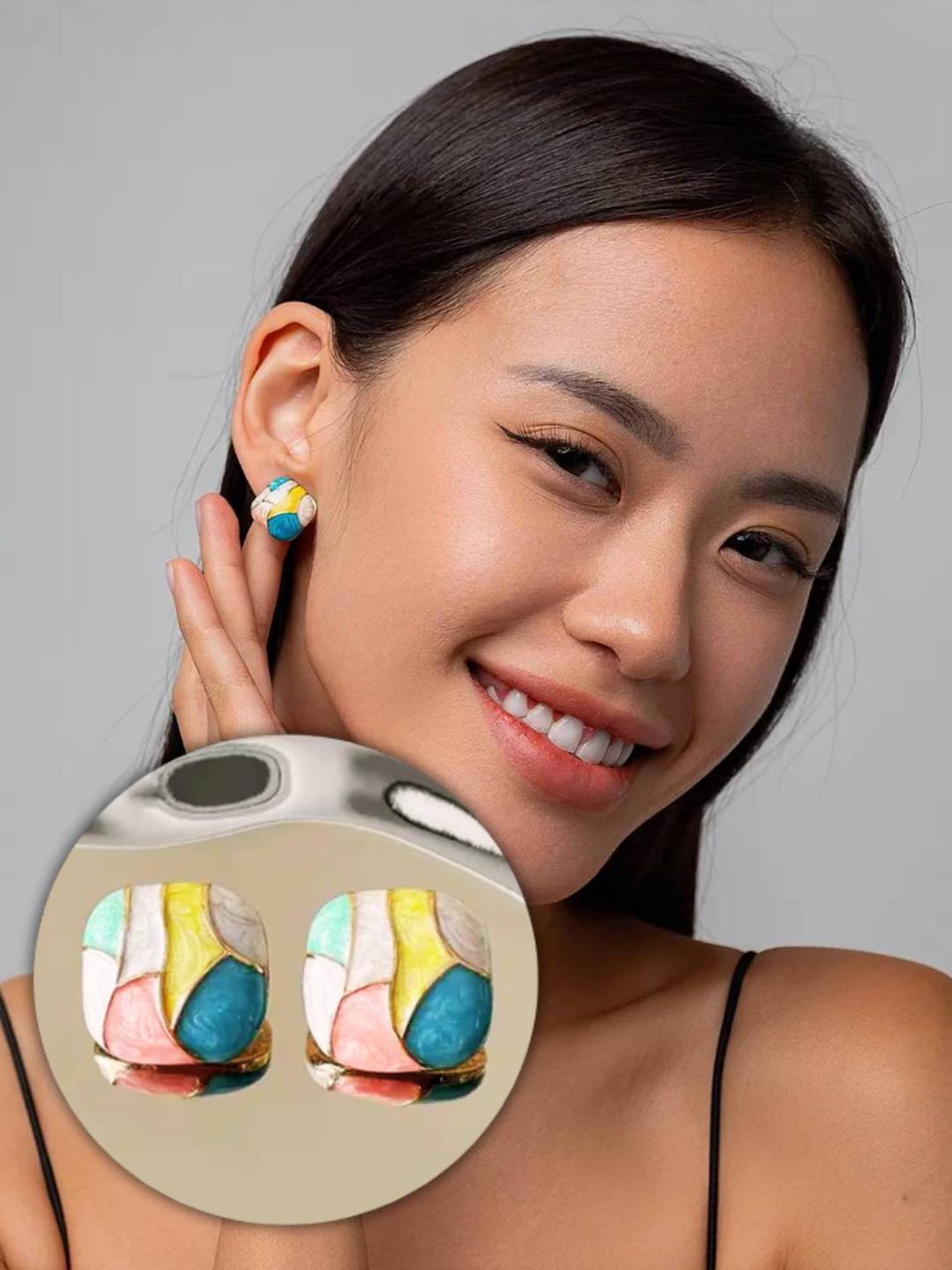 Colorful Geometric Stud Earrings for Women | Oil Painting Style Fashion Jewelry