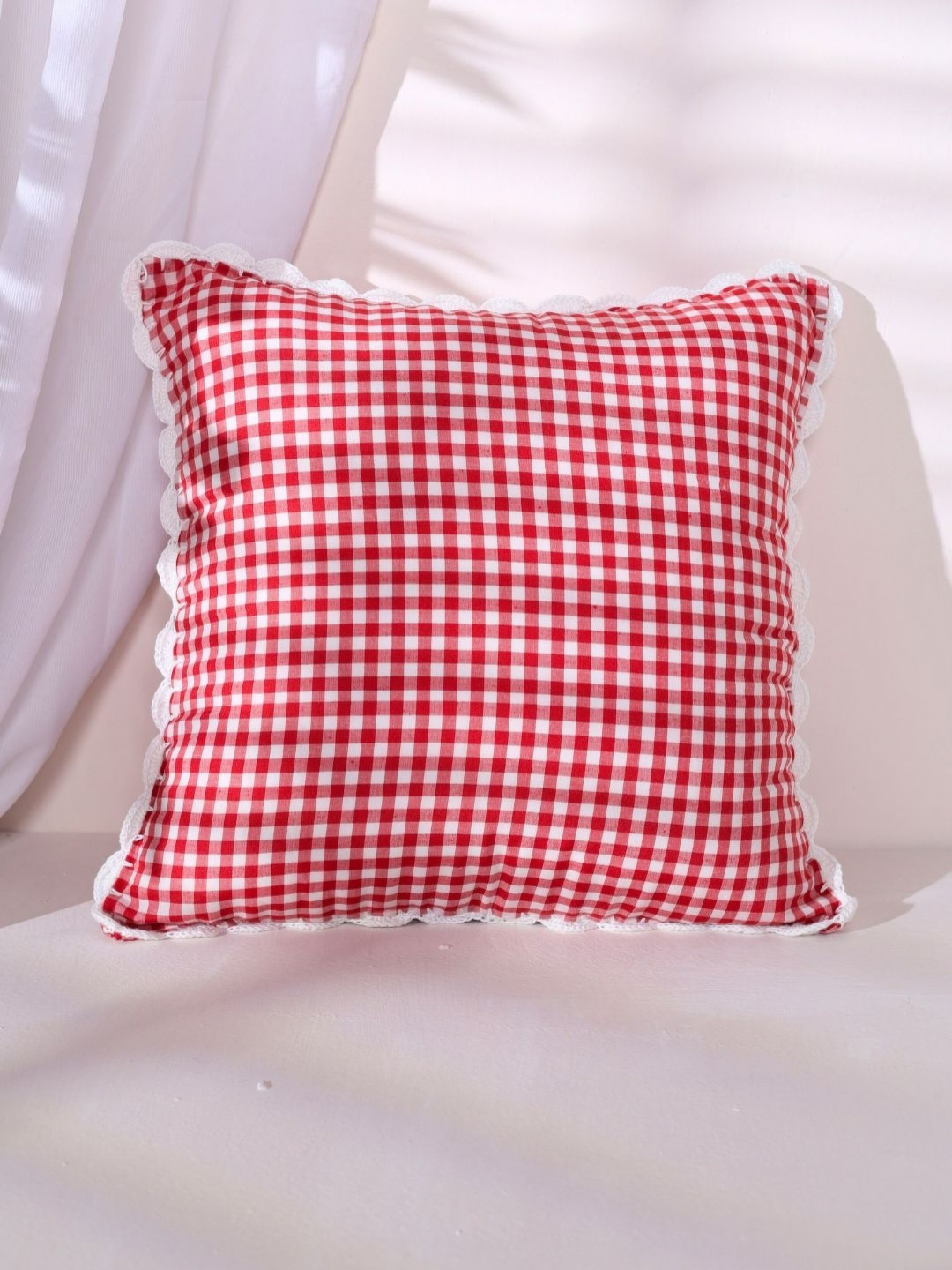 SLEEPY THREADS Red & White Checked Cotton Square Cushion Cover