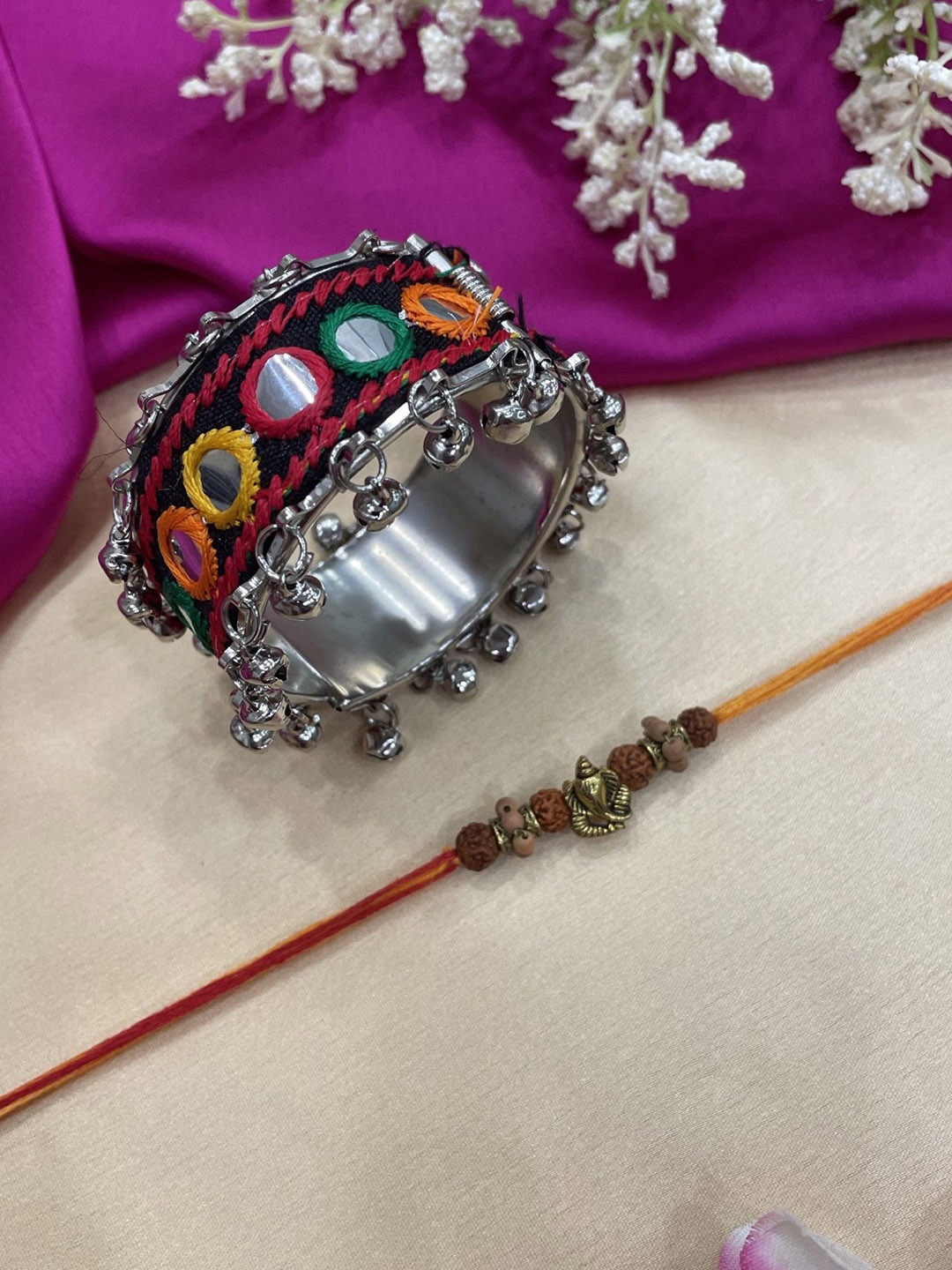 Digital Dress Room Set Of 2 Ganesha Mirror Work With Ghungroo Lumba Rakhis