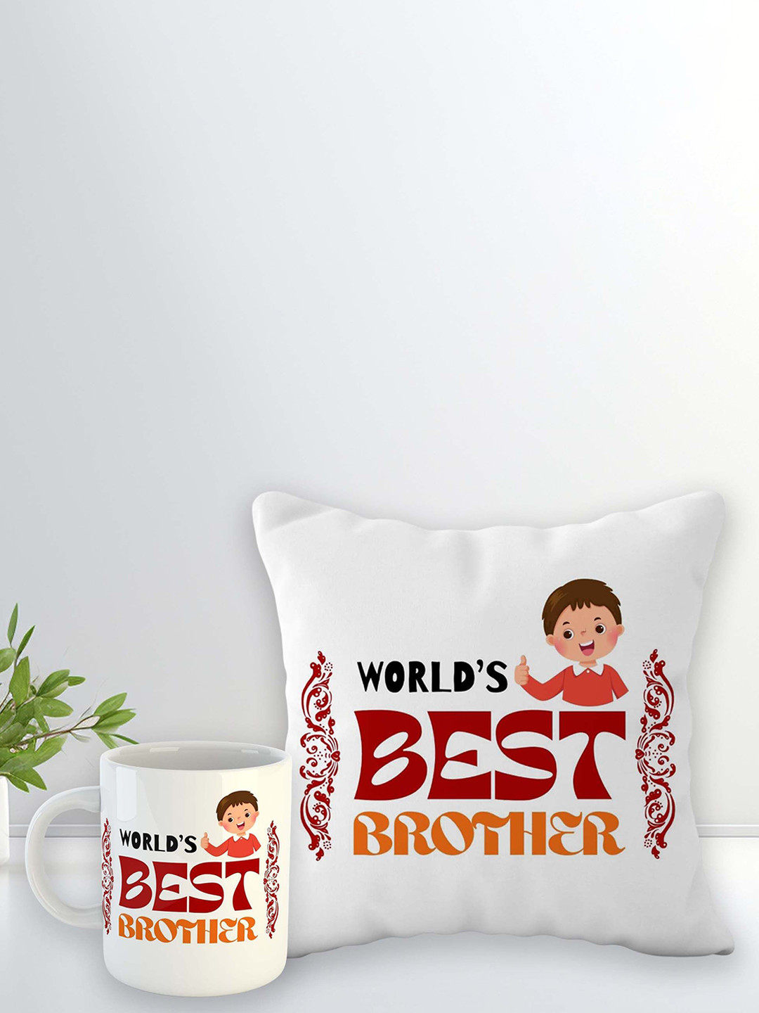 ARTBUG Stones-Studded & Beaded Rakhi With Roli Rice & Mug Cushion