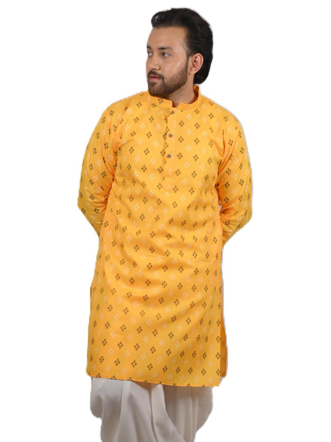 Mens long printed Yellow Kurta 36