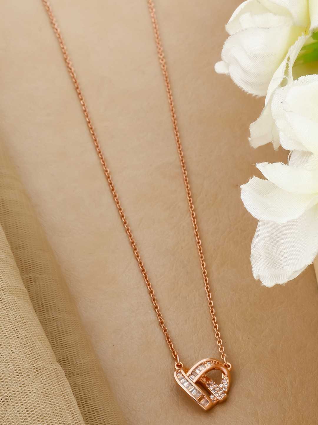 QUERALT Stainless Steel Artificial Stones Studded Heart Shaped Pendant With Chain