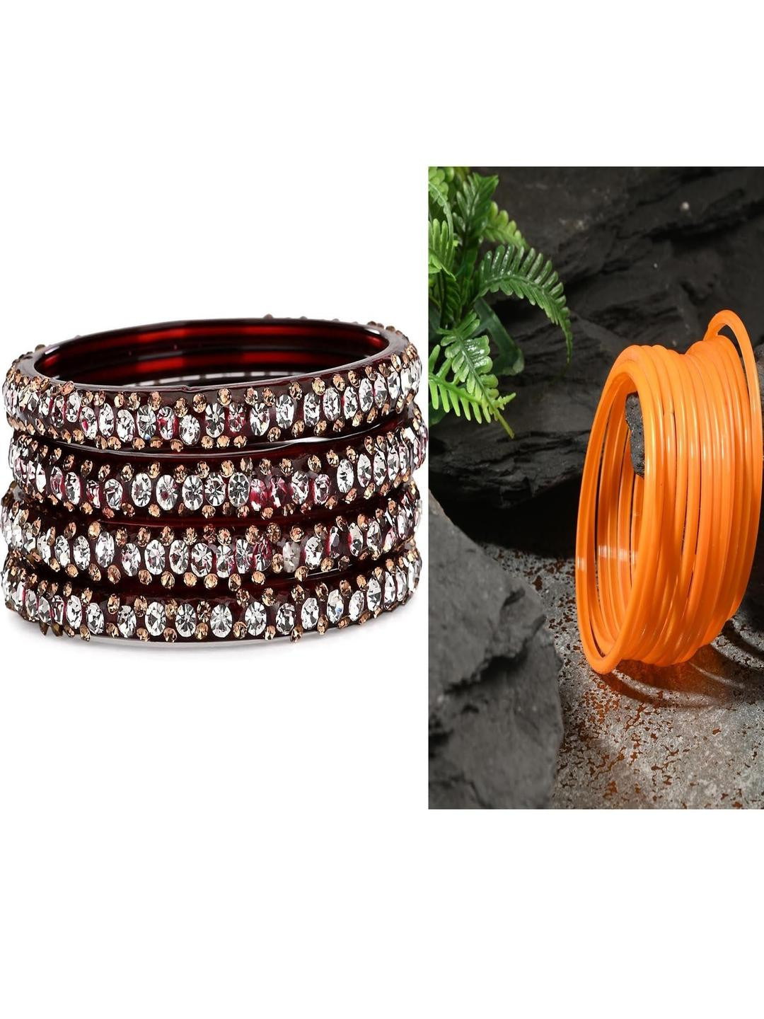SOMIL Set Of 16 Maroon And Orange Glass Artificial Stones and Beads Bangles