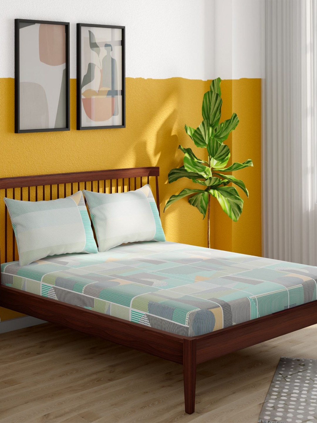 Portico Pixelpop Green & White Striped Cotton 152 TC Double King Bedsheet Set-2.24mX 2.74m